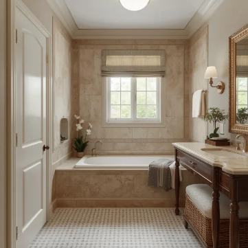 Timeless bathroom London with classic white suite and soft neutral tiles