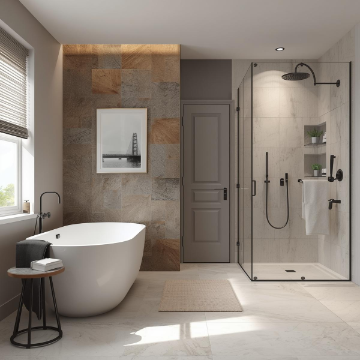 Modern bathroom renovation with walk-in shower and large-format tiles
